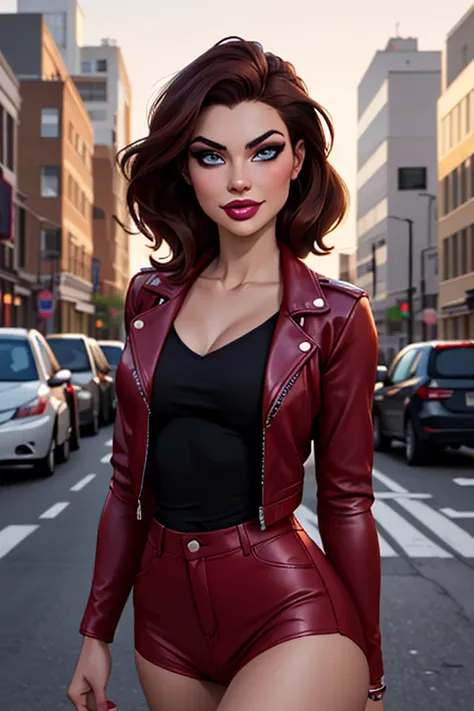 Best quality, realistic, from the front in first person, KristannaTX on a Los Angeles city street, (a female mexican supermodel), (sexy wine red leather jacket:1.1), split, Seductive smile, (dark hair), (hairstyle:1.0), Perfect eyes, sharp parts, Detailed ...