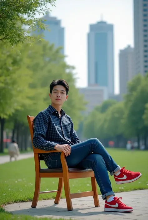 a young Japanese handsome man ,2,short hair neat,wearing a black and blue checkered shirt, blue jeans, red and white Nike shoes, sitting on a wooden chair in a park, beautiful tamaonykkta background with buildings and trees.ultra hd, masterpiece.