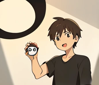 Young conceited man, dark brown hair, brown eyes, Cinnamon skin and white teeth, with a black shirt showing a pokeball