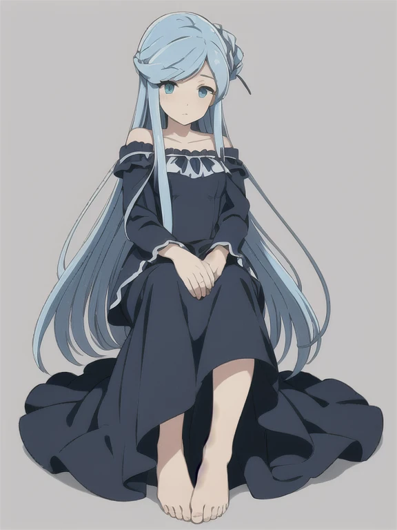 (((Best quality))),((Ultra-detailed)),((illustration)),((Disheveled hair)),((frilld)),(1 girl),(Solo), 1girl, Aqua blue hair, blue eyes, long dress,bare feet,feet,sitting,crossed legs,Rating:safe, red dress,
