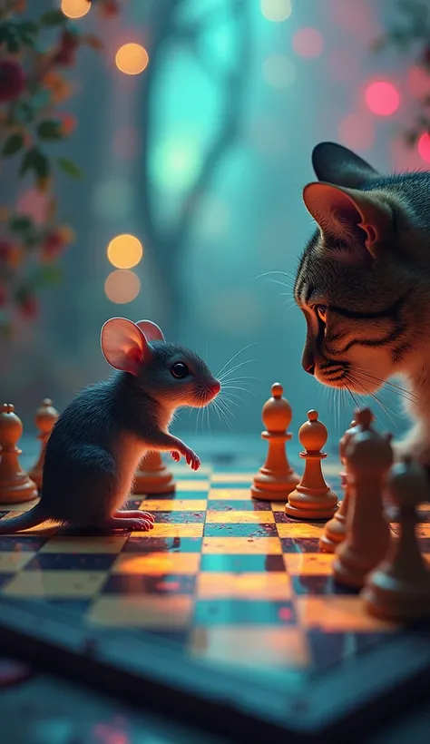 a mouse and a cat playing chess together, hyperrealistic, intricate details, hyperdetailed, surreal, abstract, 1 mouse, 1 cat, surreal chess set, colorful, vibrant colors, dramatic lighting, cinematic lighting, (best quality,4k,8k,highres,masterpiece:1.2),...