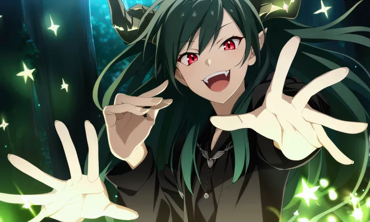 1boy, dark green hair, long hair, red eyes, black clothes, mischievous smile, teeth, fangs, teenage, dragon horns, CG