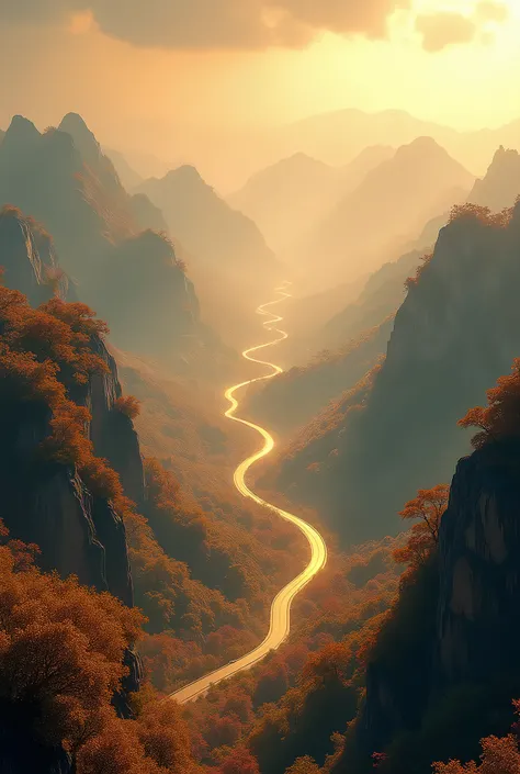 Guys，Mountains and rivers made of silk，A straight golden highway runs through it，Mountains and valleys，Mountains upon mountains，landscape，autumn，Aerial photography of large scenes，Aerial view，Rich in details