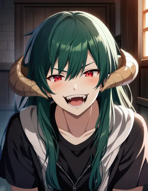 1boy, dark green hair, long hair, red eyes, black clothes, mischievous smile, teeth, fangs, teenage, dragon horns, CG