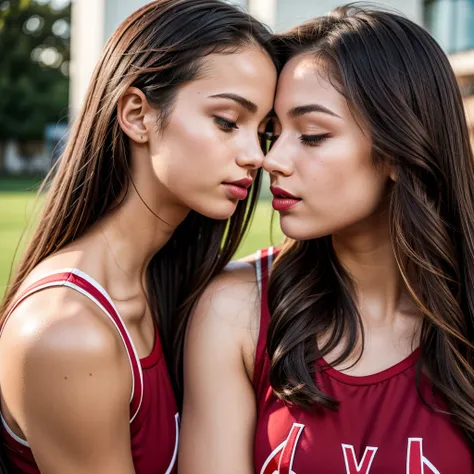 2girls, kissing forehead, girl kiss girl forehead, puckered lips, closed mouth, lips, red lips, cheerleader, high quality, best quality, masterpiece, absurdres