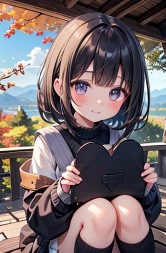 Lying on fallen leaves, Wear black knee-high socks、3rd degree W6 Bob Hair. She spreads her right hand forward. , In the pose of Wali. The background is vast, Admire breathtaking foliage views. She is a teenager, Extremely cute, Close one eye and smile. She...