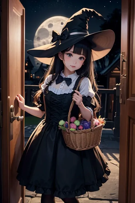 masterpiece、cute、Witch Costume、Candy in a basket、night、moonlight、In front of the house door、Knock on the door、Jack O&#39;Lantern Decoration、bat、Spider Web、A tree tangled with toilet paper、Trick or treat、Alluring、mini skirt、mischief、
