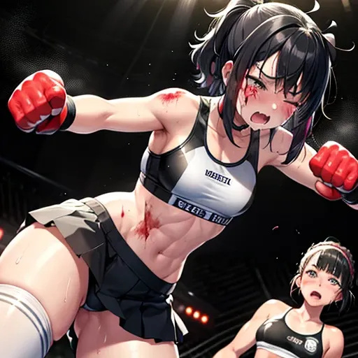 a female fighter is punching into a (bloody) crying beautiful Japanese high school girl fighter. two girl fighters are fighting in the octagon fighting ring of underground arena with audience. She lost fighting spirit. she was beated terribly. her body and...