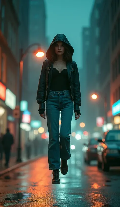 a surreal scene fromm horror movie of an impossible event, a young woman levitating on a street, strenger things movie scene,  realistic detailed face, beautiful eyes, elegant pose, jeans and hooded blouse,  photorealistic, 8k, high quality, intricate deta...