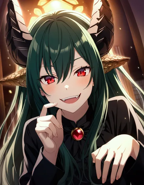 1boy, dark green hair, long hair, red eyes, black clothes, mischievous smile, teeth, fangs, teenage, chinese dragon horns, CG