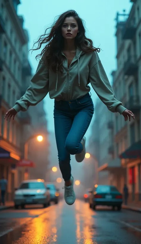 a surreal scene from horror movie of an impossible event, a young woman levitating high on a street, stranger things movie scene,  realistic detailed face, beautiful eyes, elegant pose, jeans and hooded blouse,  photorealistic, 8k, high quality, intricate ...