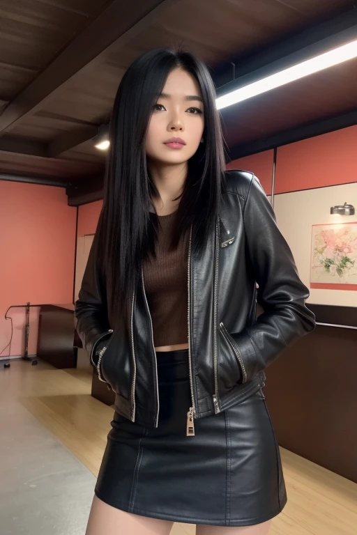 Asian Beauty、Japanese、high quality, Detailed face, 4K ，Black Leather Mini Skirt，Long black hair，Female student，Upper floor, leather jacket