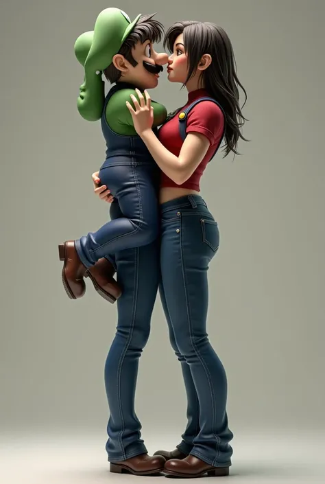 Jill Valentine from Resident Evil kissed and carried Luigi from Super Mario. Jill Valentine and Luigi standing in full height from head to toe. Jill Valentine and Luigi standing in full body from head to toe. 8k HD resolution. Detailed. Hot KISS side view ...