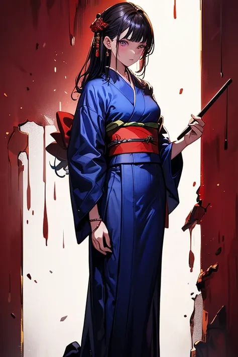 ((bes((best quality)), ((masterpiece)), (detailed), 1women, female, adult female , bloody background, red background ,  normal hand texture, solo, detailed face texture, holding kataka,   t quality)),  solo  , wearing  Kimono Robes,  Kimono Robes, full bod...