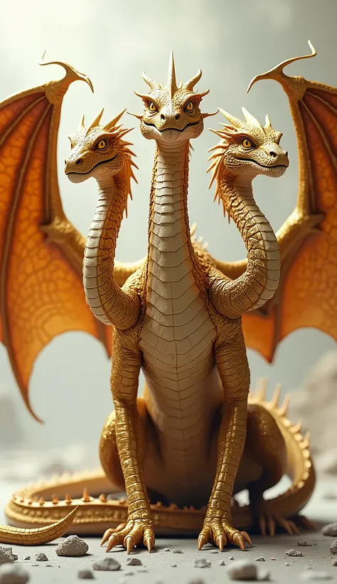 Three-headed dragon A dragon with three necks on one body. Gold body color. Large wings on the back. High resolution., masterpiece, Best Quality, High-resolution model, High detail, Very detailed, 