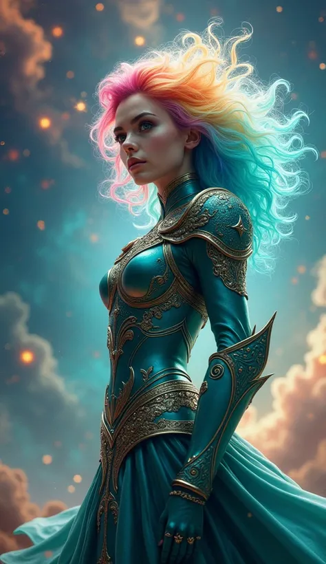 a girl with rainbow hair and a detailed teal-colored armor, standing, cosmic nebula rainbow background, stars, galaxies, intricate details, flawless face, best quality, 4k, 8k, highres, masterpiece:1.2, ultra-detailed, realistic, photorealistic, photo-real...