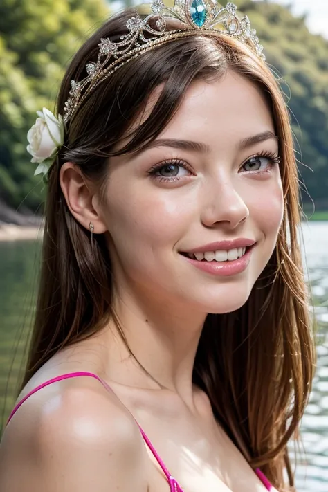 a close up of a young woman wearing a tiara and a pink bikini, wearing tiara, beautiful female princess, princess portrait, beautiful princess, wearing a tiara, diadem on the head, lovely languid princess, intricate ornamented tiara, mackenzie foy, portrai...