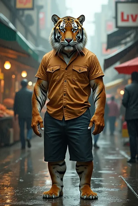 A tiger is standing like a man in the middle of the road in the rain-soaked market with its pants shirt on 