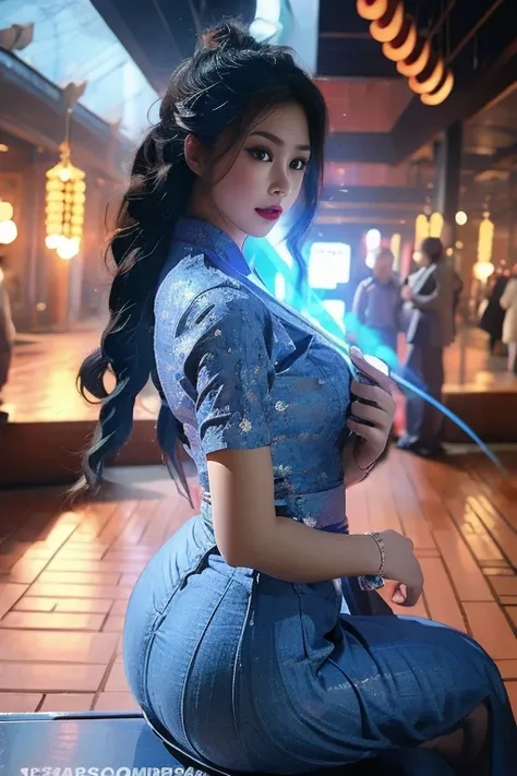 realisticlying, A high resolution, 1 rapariga, blue 💙💜 color hair, korean people, eBlue eyes, The transparent cheongsam is flying，Sheer tight-fitting garments，Beads of sweat dripped down the buttocks，Large chest，Wide buttock， your ass，Butt visible，Visible ...