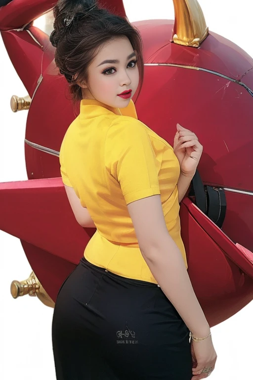 realisticlying, A high resolution, 1 rapariga, yellow 💛 💜 color hair, korean people, eBlue eyes, The transparent cheongsam is flying，Sheer tight-fitting garments，Beads of sweat dripped down the buttocks，Large chest，Wide buttock， your ass，Butt visible，Visib...