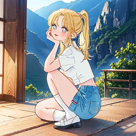 Beautiful Japanese gal with long blonde hair in a ponytail, Fine eyes and long eyelashes, Wearing a white crop top, Denim hot pants, Loose socks, Thick-soled shoes, sweet, An innocent smile, (Best Quality,4K,8k,High resolution,masterpiece:1.2),Super detail...