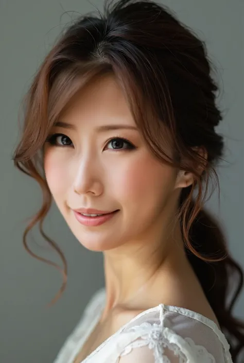 a beautiful japanese mature woman, alluring smile, gorgeous woman, brown hair, perfect figure, closeup of face, (best quality,4k,8k,highres,masterpiece:1.2),ultra-detailed,(realistic,photorealistic,photo-realistic:1.37),beautiful detailed eyes,beautiful de...