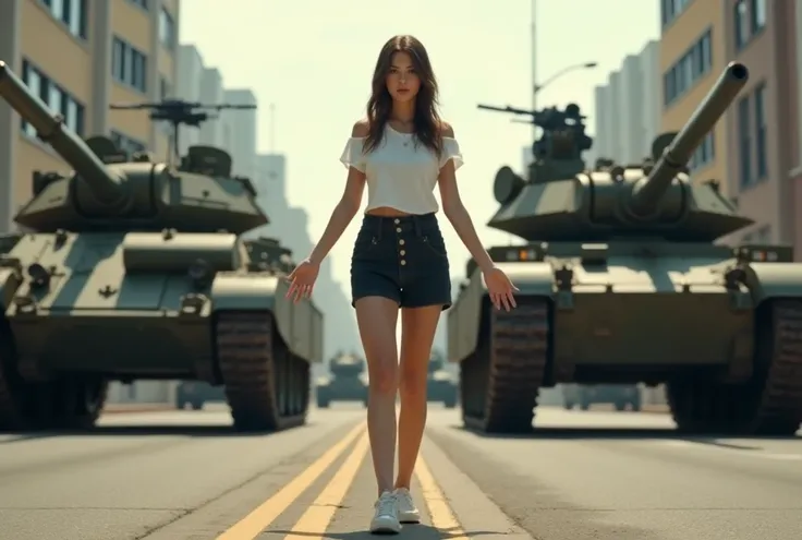 A high school girl stops a convoy of tanks marching down the main street by herself, standing in front of the tanks and holding out her hands,  ((masterpiece, highest quality, Highest image quality, High resolution, photorealistic, Raw photo, Extremely det...