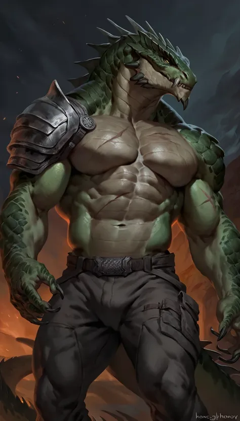 muscular monster lizardfolk, solo, pants, mercenary, dark green body, body made of steel, strong, armless transparent tight tarp...