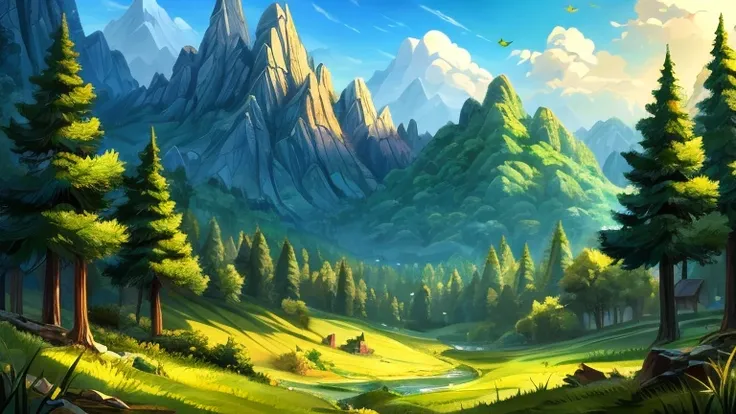 2D Game Art Background, cartoon illustration of green and yellow landscape with trees, background - forest, digital painting by Yang J., trend on pixabay, digital art, anime rural landscape, high background definition, grassy mountain landscape, landscape ...