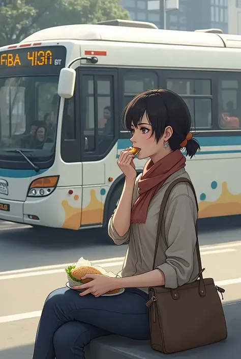 A woman is eating in front of the bus.