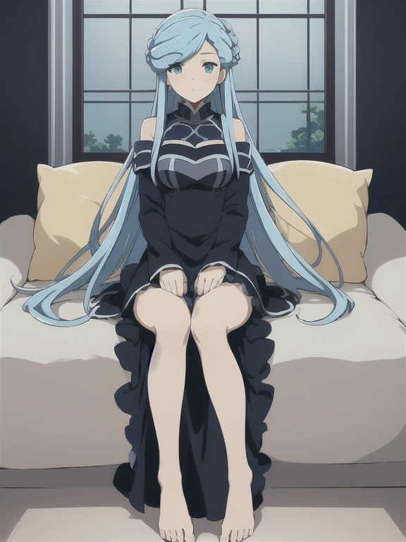 (((Best quality))),((Ultra-detailed)),((illustration)),((Disheveled hair)),((frilld)),(1 girl),(Solo), 1girl, Aqua blue hair, blue eyes, long dress,bare feet,feet,sitting,crossed legs,Rating:safe, red dress,
