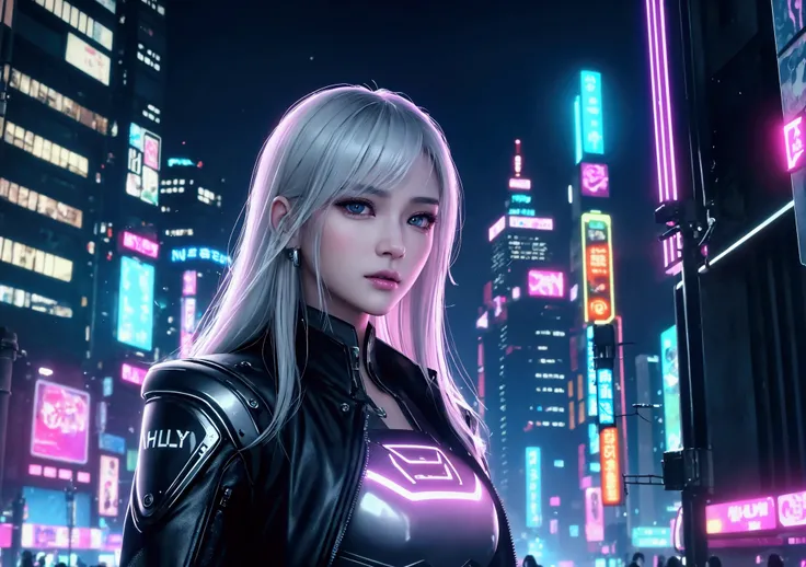 A beautiful girl is walking through a cyberpunk city、((Realistic lighting、Best Quality、8k、masterpiece:1.3))、Clear Focus:1.2、One Girl、Beautiful face、The most beautiful girl in the world、Beauty with a perfect body:1.4、Slim Abs:1.1、((Platinum Blonde Hair)、、(O...