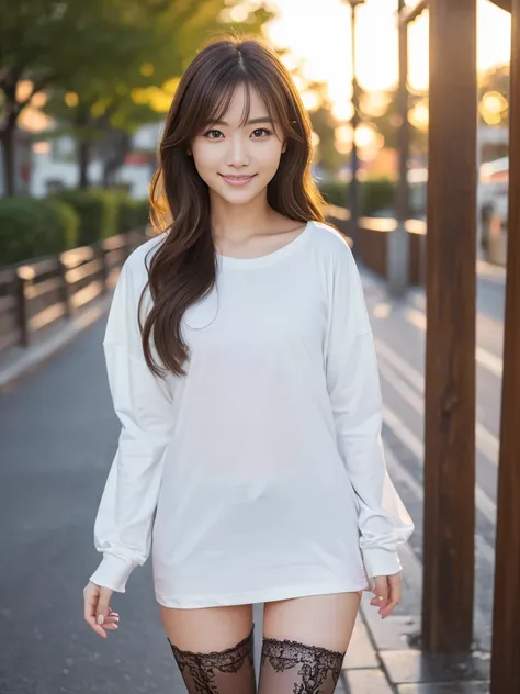 Cowboy Shot, (Mid-autumn Date), 
break, 
((Plain oversized long sleeve t-shirt:1.2)), ((Lace Stockings:1.2)), 
break, 
View your viewers, Japanese female university student, (One Woman:1.2), She is very beautiful, Glowing Skin, Perfect Face, Cute and symme...