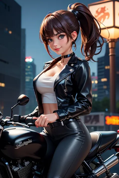 ((Best Quality)), ((masterpiece)), (detailed), One girl, sexy,Photographer、Night view、photograph、bangs、ponytail、Leather jacket、Leather pants、Cross choker、Cross Earrings、smile、Riding a motorcycle