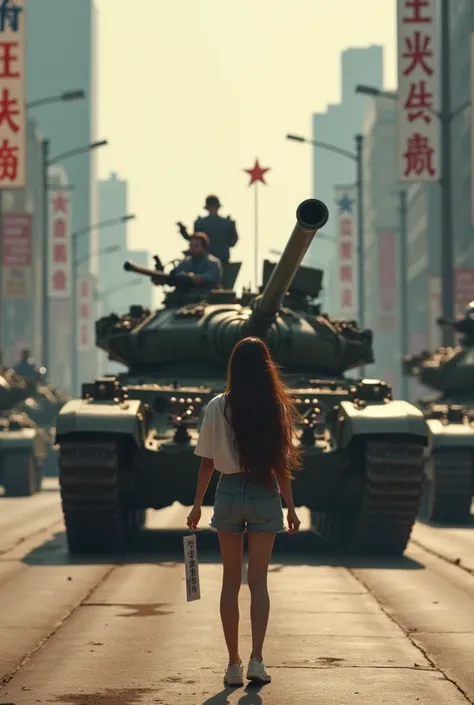 A single high school girl stops a convoy of tanks marching down the main street, standing in front of the tanks, holding a panel in her hand that says “Stop Oppression”, her back showing strong will, seen from behind,  ((masterpiece, highest quality, Highe...