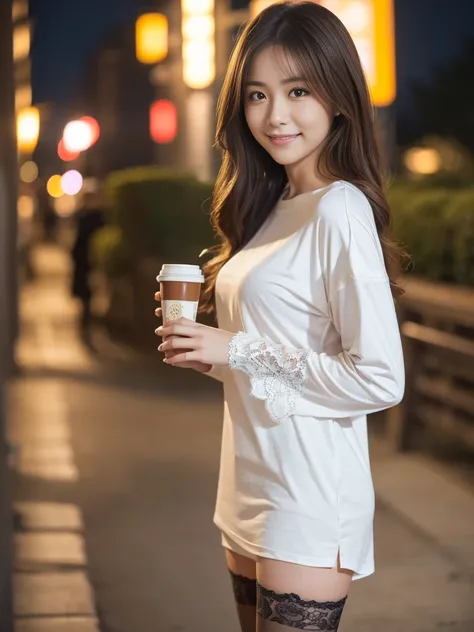 Cowboy Shot, (Mid-autumn Date), 
break, 
((Plain oversized long sleeve t-shirt:1.2)), ((Lace Stockings:1.2)), 
break, 
View your viewers, Japanese female university student, (One Woman:1.2), She is very beautiful, Glowing Skin, Perfect Face, Cute and symme...