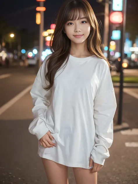 Cowboy Shot, (Mid-autumn Date), 
break, 
((Plain oversized long sleeve t-shirt:1.2)), 
break, 
View your viewers, Japanese female university student, (One Woman:1.2), She is very beautiful, Glowing Skin, Perfect Face, Cute and symmetrical face, 
break, 
Li...