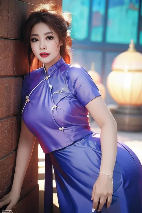 realisticlying, A high resolution, 1 rapariga, yellow 💛 💜 color hair, korean people, eBlue eyes, The transparent cheongsam is flying，Sheer tight-fitting garments，Beads of sweat dripped down the buttocks，Large chest，Wide buttock， your ass，Butt visible，Visib...