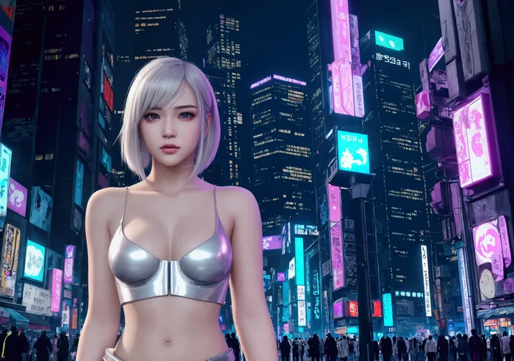 A beautiful girl is walking through a cyberpunk city、((Realistic lighting、Best Quality、8k、masterpiece:1.3))、Clear Focus:1.2、One Girl、Beautiful face、The most beautiful girl in the world、Beauty with a perfect body:1.4、Slim Abs:1.1、((Platinum Blonde、Bob Hair)...