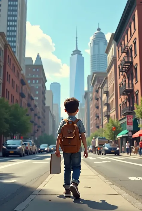 A boy on road with school bag background having buildings