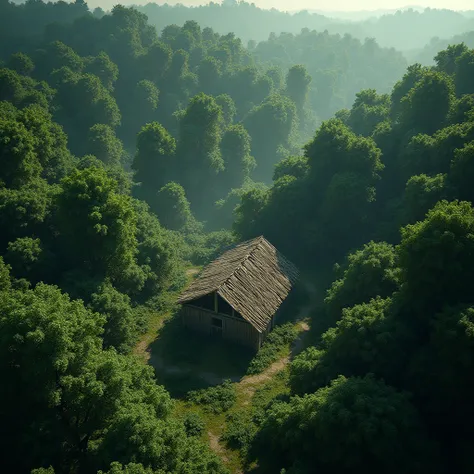 height２０A forest seen from above。An abandoned hut stands alone in the middle of the forest.。