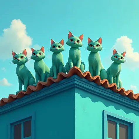 A group of green cats on the roof of a blue building