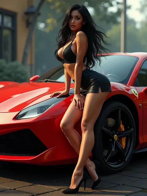 Beautiful young woman with long dark hair, wearing a short mini skirt and extremely high heeled shoes, Bending over the back of an expensive sports car.