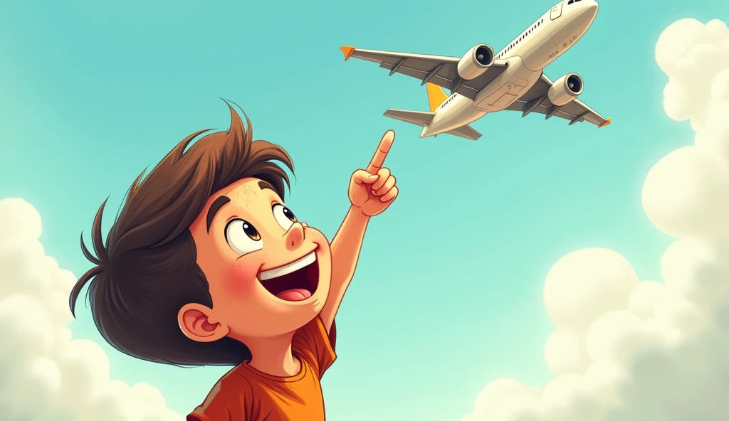 A boy has some dust on his face，Look up at the sky，Pointing to an airplane，Happy smile，European and American comic style