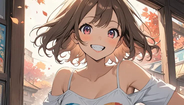  female，Short camisole，crop shirt，Off shoulders，white，Art， anime，illustration,Show your teeth and smile broadly