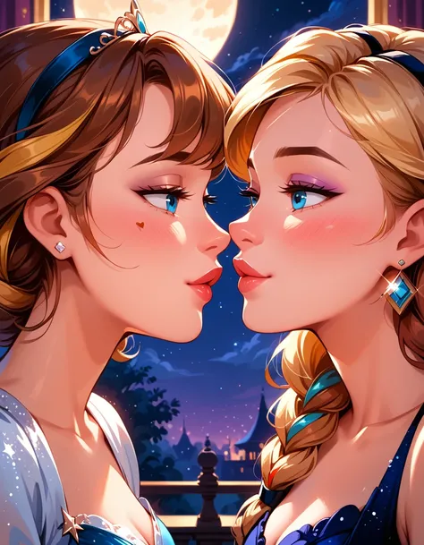 score_9, score_8_up, score_7_up, epiCPhoto, 2girls, duo, couple, yuri, (short hair Gwen Stacy, blonde hair, colorful highlights, white_ball_gown, elegant:1.2), and (Disneys Anna, brown hair, braided pigtils, blue_ball_gown, elegant:1.3), perfect body, stan...