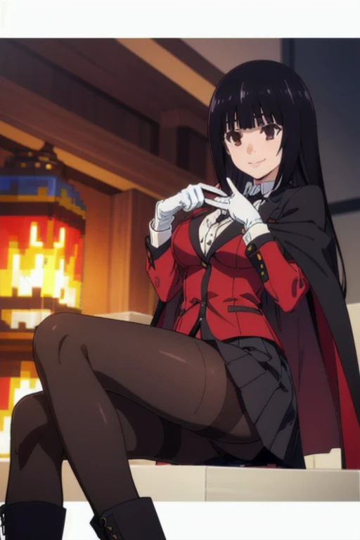 (((pixel-perfect, detail-perfect))), solo, 1girl, yumeko jabami, blazer, smile, leather red bodysuit,gloves, blazer,black ribbon,houndstooth,black pantyhose,thighband pantyhose,pleated skirt,black skirt,thumb ring, thighs heel boots, cape, cloak