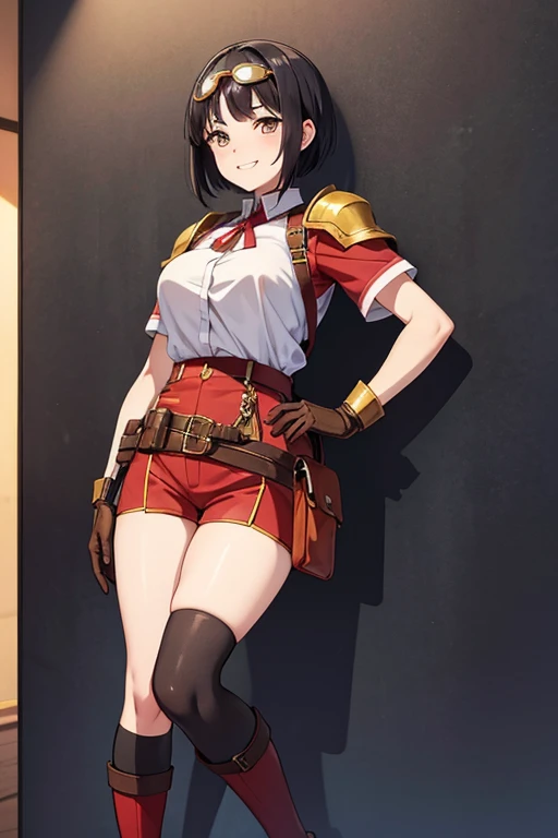 Anime Art、Full body portrait、Characters of the early modern period、Background blank、A female pilot standing upright, about 160cm tall, about 3, wearing a red short-sleeved shirt and red shorts、Wears goggles on his forehead、She is wearing black tights that ...