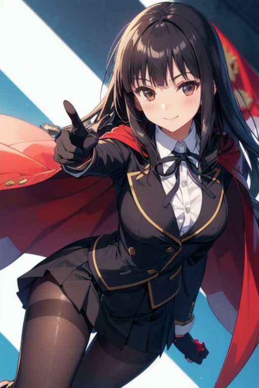 (((pixel-perfect, detail-perfect))), solo, 1girl, yumeko jabami, blazer, smile, leather red bodysuit,gloves, blazer,black ribbon,houndstooth,black pantyhose,thighband pantyhose,pleated skirt,black skirt,thumb ring, thighs heel boots, cape, cloak