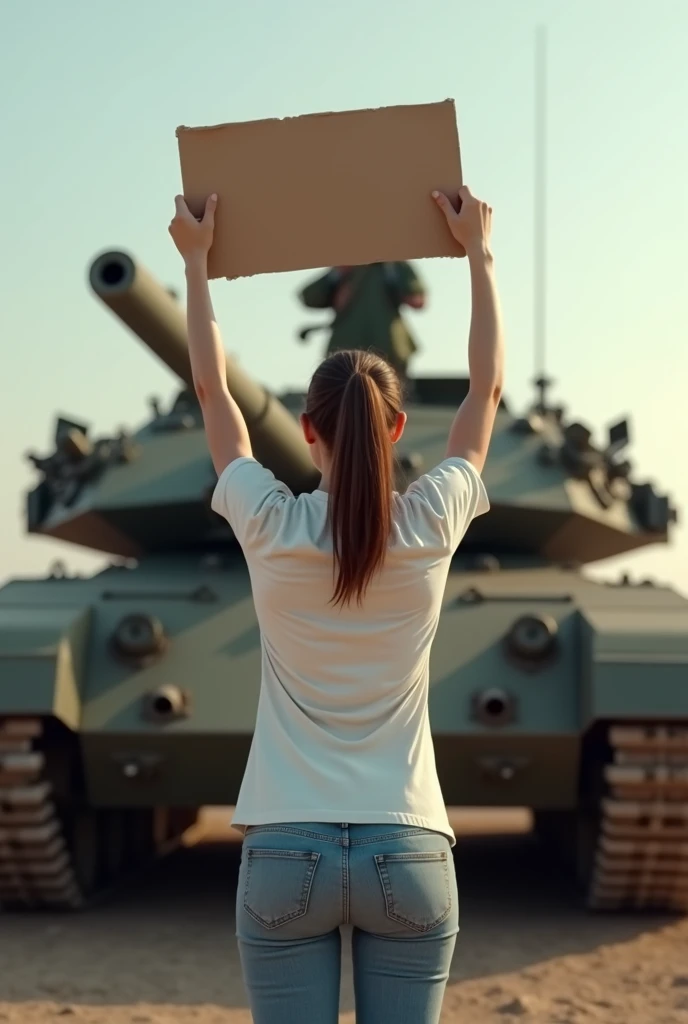 Girl with placard standing in front of tank, holding placard above her head that reads “Stop oppression”, strong willed back, ponytail, wearing white shirt and jeans, seen from behind,  ((masterpiece, highest quality, Highest image quality, High resolution...